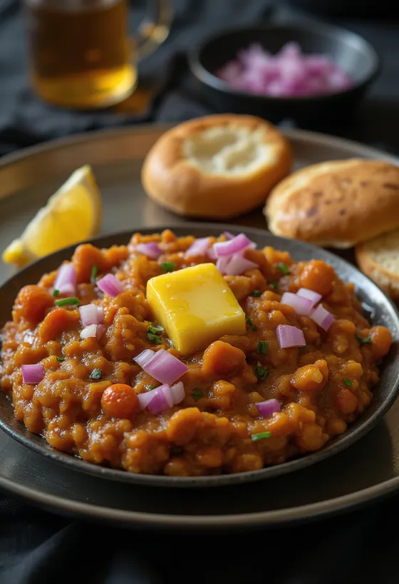 Taze yapılmış Pav Bhaji, çıtır ekmek ve baharatlı sebze sosu ile