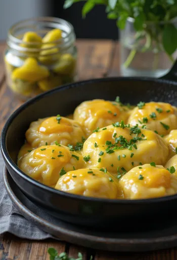 Taze maydanoz serpilmiş, ev yapımı turşu ile servis edilen yumurtalı nokedli.