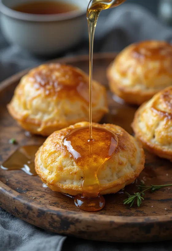 Ballı Æbleskiver, taze ve yumuşak top kekler servis edilmiş