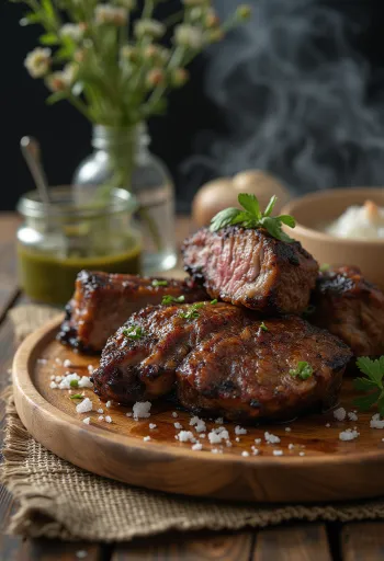 Izgara sebzeler ve chimichurri sos ile servis edilen Asado