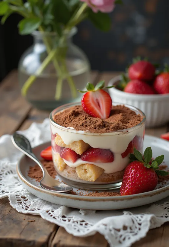 Katmanlı bisküvi ve mascarpone kreması ile Çilekli Tiramisu, taze çilek ile süslenmiş