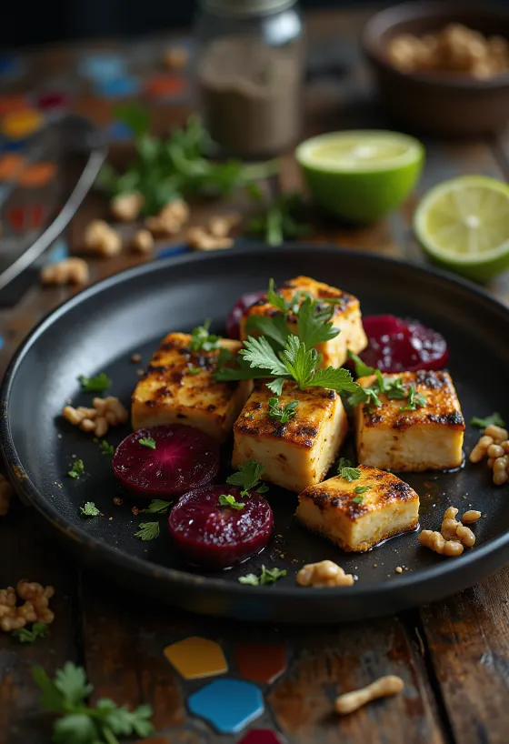Misket limonlu baharatlı tofu, pancar salatası ile