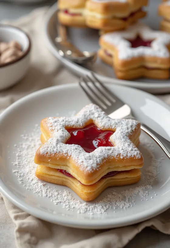 Pudra şekeri serpilmiş ballı vanilyalı linzer kurabiye