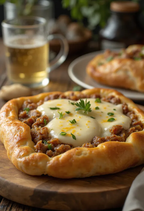 Kaşarlı Pide, taze hamur ve baharatlı kıymalı iç harç ile servis edilmiş