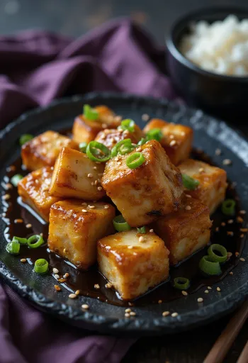 Soya soslu kızarmış tofu servisi
