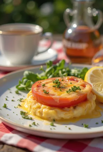 Domatesli Welsh rarebit servisi, peynirli soslu, kızarmış ekmek üzerinde, taze domates parçalarıyla