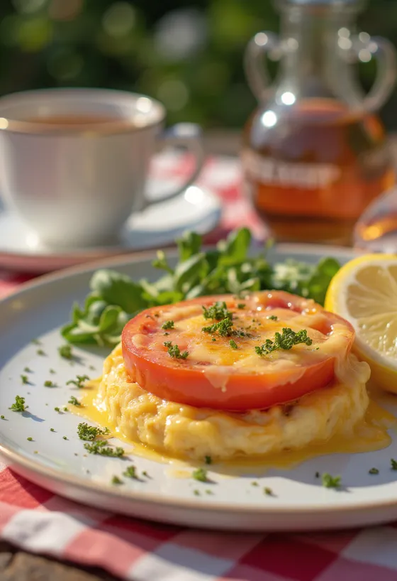 Domatesli Welsh rarebit servisi, peynirli soslu, kızarmış ekmek üzerinde, taze domates parçalarıyla