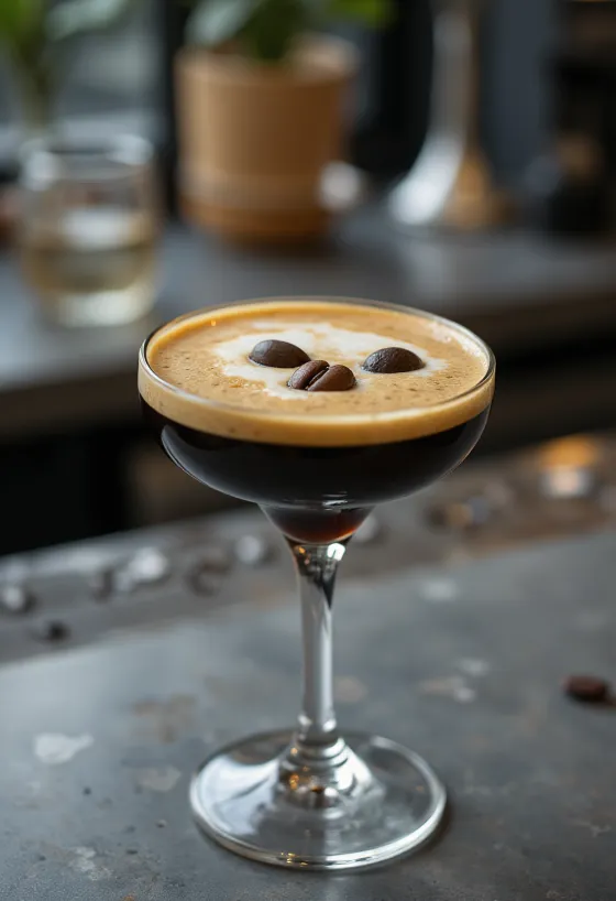 Üç kahve çekirdeği ile süslenmiş Espresso Martini kokteyli