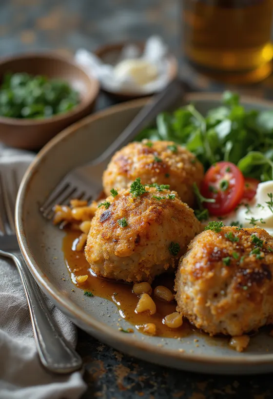 Taze maydanoz süslemesiyle ekmek kırıntılı Frikadeller
