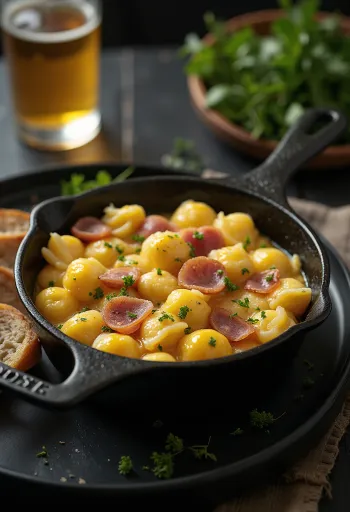 Yumurtalı nokedli ve füme jambon servis edilmiş