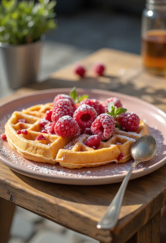 Taze meyveler ve pudra şekeri ile Ahududulu Waffle