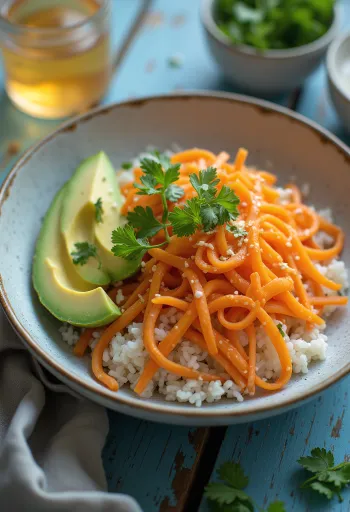 Taze sebzeler ve pirinç yatağında, kişniş ve misket limonu suyu ile süslenmiş havuçlu poke.