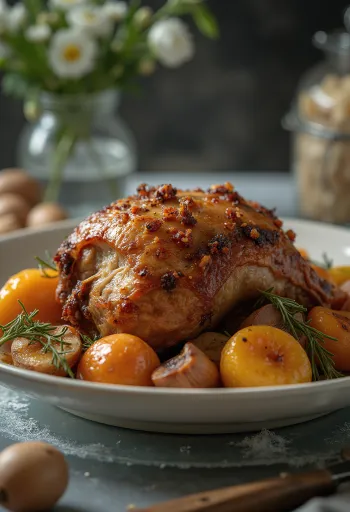 Fırınlanmış sebzelerle servis edilen otlu fırında oklu kirpi.