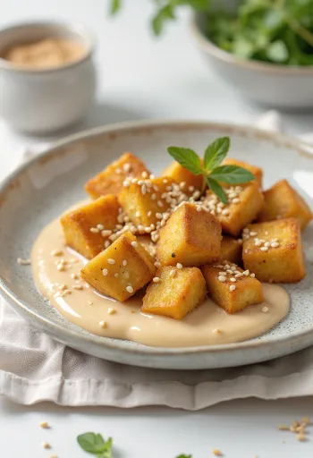 Tahin soslu kızarmış tofu servisi
