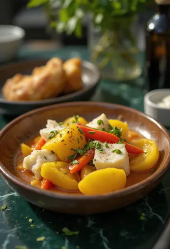 Sebzeler ve baharatlarla servis edilen Ackee ve tuzlanmış morina