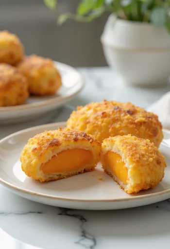 Tatlı patatesli korokke, kıtır kızarmış, taze salata ile servis edilmiş