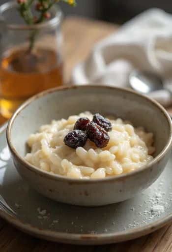 Taze nane ve şekerle servis edilen kuru üzümlü pirinç pudingi