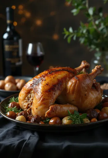 Sebzelerle bir tepside servis edilen kestane dolgulu fırında hindi.