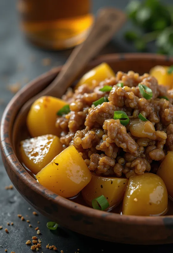 Patatesli Adobo, baharatlı et ve çıtır patates servis edilmiş