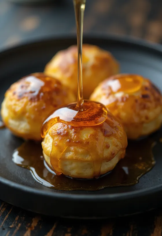 Akçaağaç şurubu ile servis edilen æbleskiver, taze hamur işleri, altın kahverengi