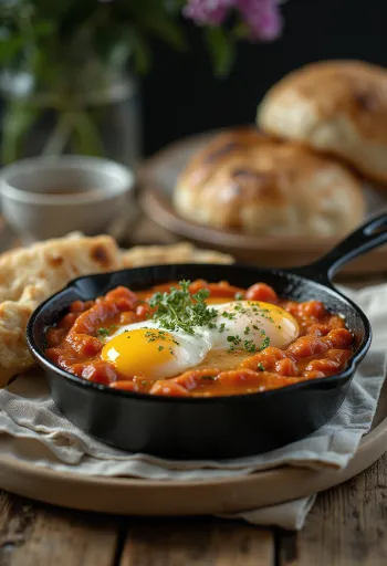 Yumurtalı Matbucha, servis edilen nefis domates sosu.