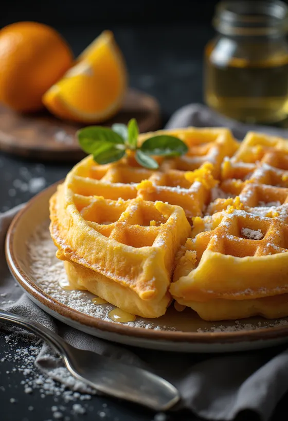 Taze meyveler ve pudra şekeri ile Portakallı Waffle