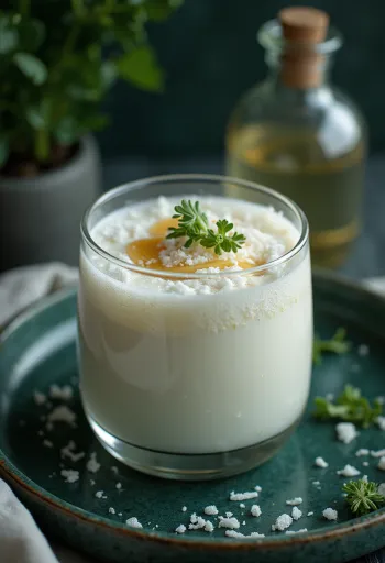 Bardakta servis edilen, Hindistan cevizi rendesi ve taze nane ile yapılmış kefir