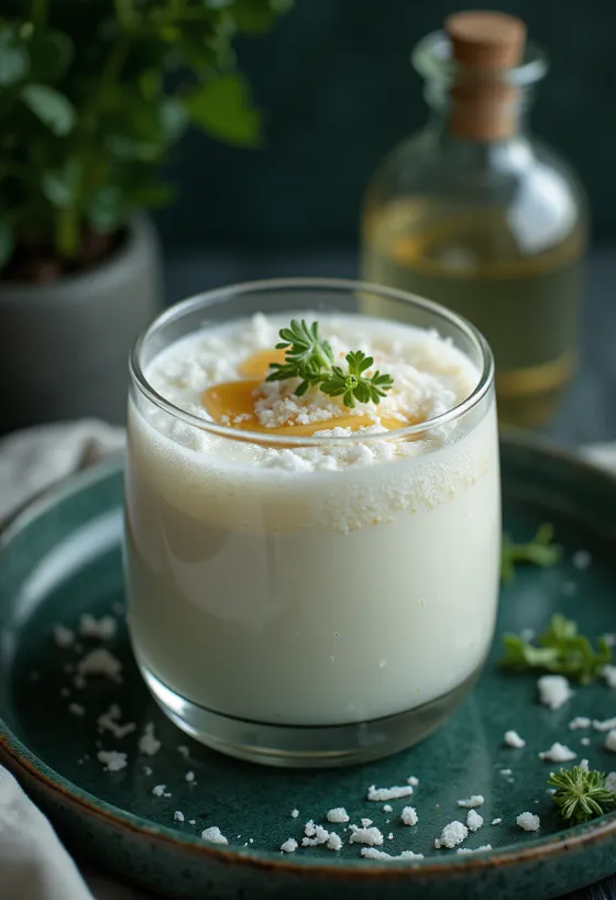 Bardakta servis edilen, Hindistan cevizi rendesi ve taze nane ile yapılmış kefir