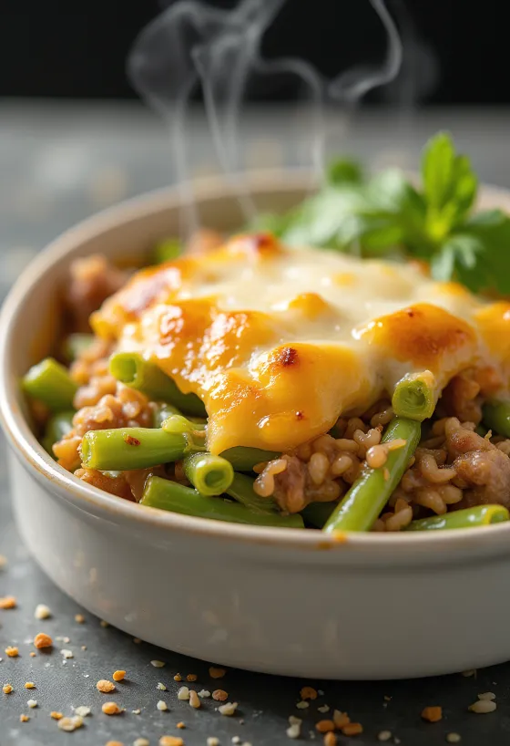 Taze süzme yoğurt ve üzerinde kızarmış peynirle Fırında Yeşil Fasulye.