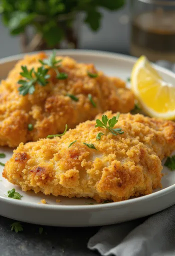 Altın sarısı kızarmış pane tavuk göğsü, salatayla servis edilmiş