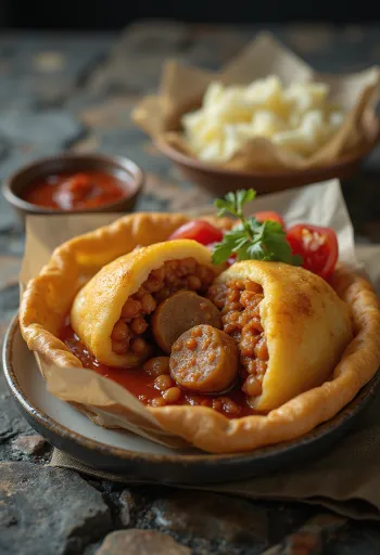 Sucuklu Acarajé, baharatlı fasulye ve taze maydanoz süslemesiyle