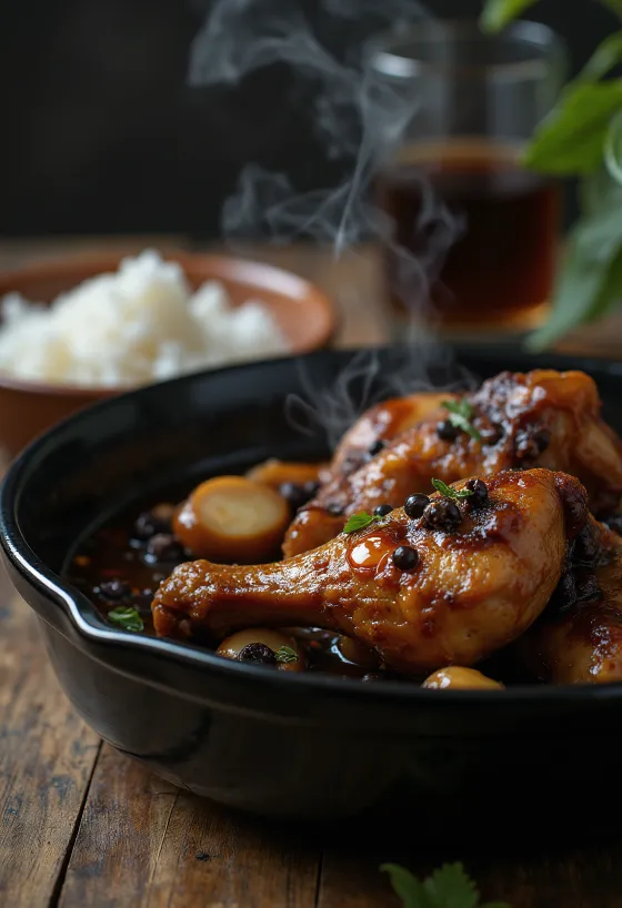 Soya sosunda pişirilmiş, pilavın yanında servis edilen Tavuklu Adobo