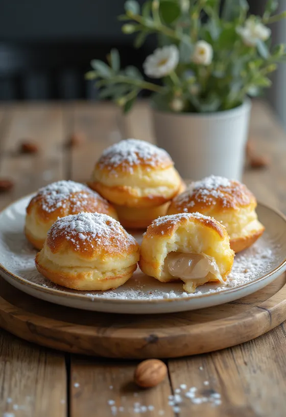 Bir kasede pudra şekeri serpilmiş badem dolgulu æbleskiver