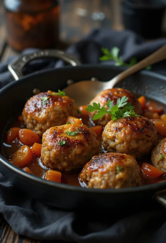 Altın sarısı, çıtır dış yüzeyli, domuz ve sığır kıyma karışımından Frikadeller köfteleri