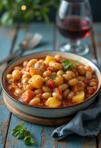 Patatesli Gigantes Plaki, maydanoz ve taze ekmek ile servis edilmiş