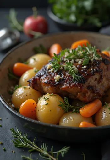 Kök sebzelerle servis tabağında sunulan fırında dağ sıçanı eti