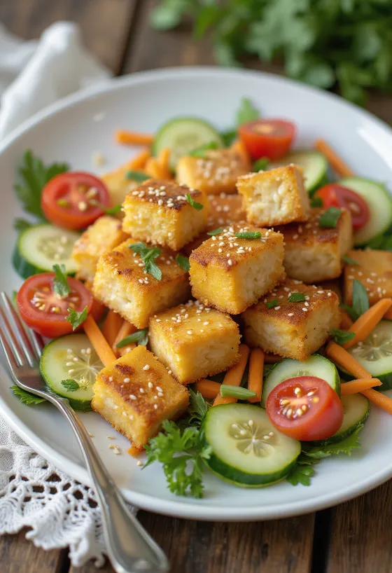 Sebzeli salata ile servis edilen kızarmış tofu