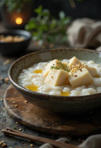 Tofulu congee, tofu, sarımsak ve zencefil içeren Çin pirinç lapası