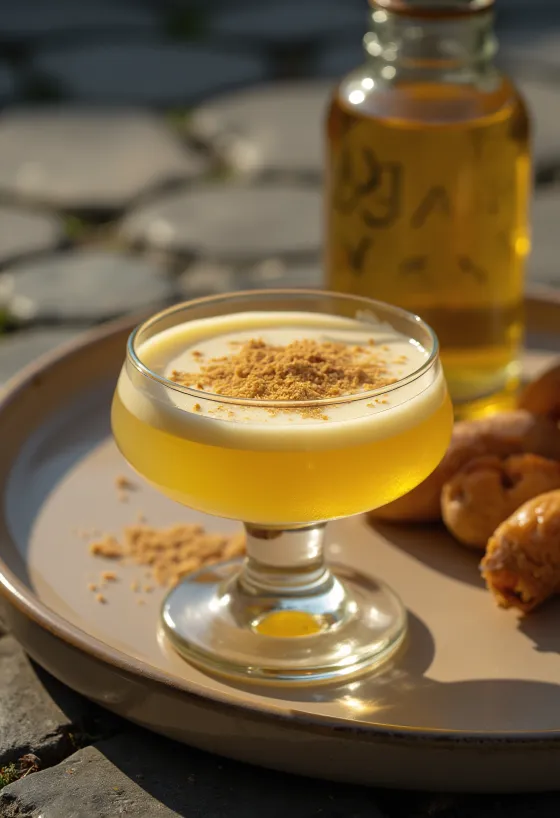 Şişede ev yapımı yumurta likörü, üzerinde rendelenmiş muskat cevizi ile