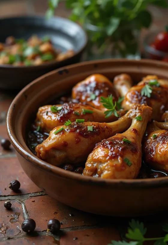 Etli Adobo, soya sosu ve beyaz şaraplı sosla servis edilmiş, taze otlarla süslenmiş