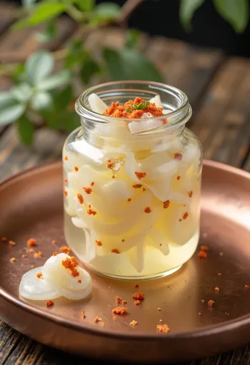 Daikon-zuke, beyaz bir tabakta kişnişle süslenmiş taze sirkeli turp dilimleri