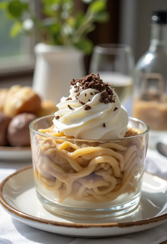 Krem şanti ve çikolata rendesi ile süslenmiş Kestane Püresi