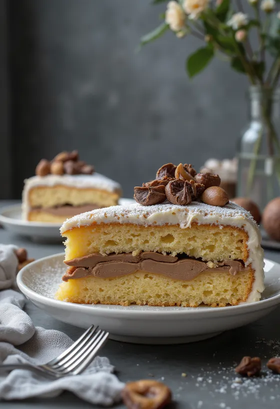 Dilimlenmiş, çikolata ile süslenmiş kestaneli pasta