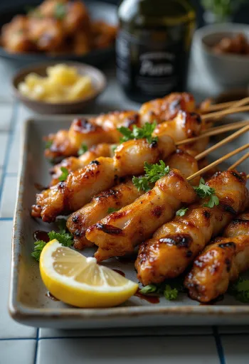 Şişte Kawa yakitori tavuk derisi, susam ve taze yeşil soğanla servis edilmiş