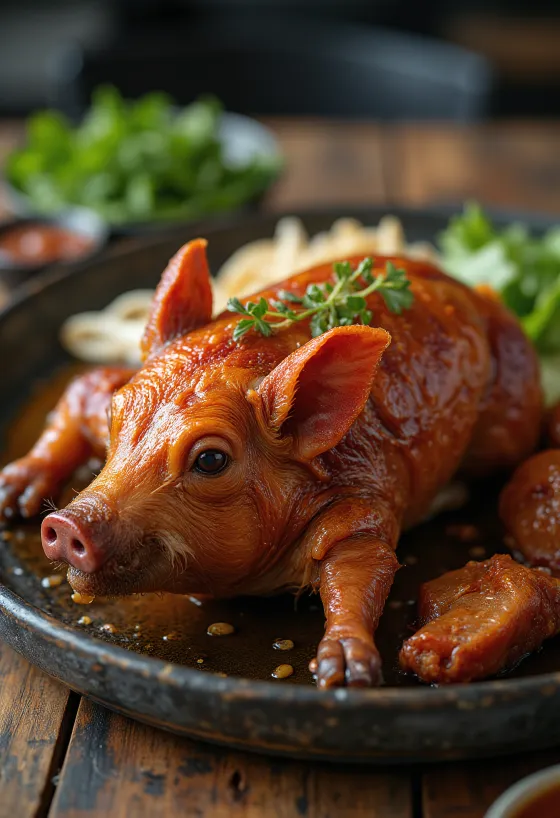 Lechon, servis edilen çıtır derili kızarmış domuz