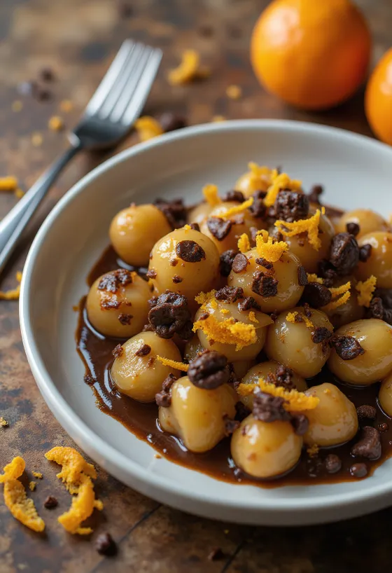 Servis edilen portakallı ve bitter çikolatalı gnocchi
