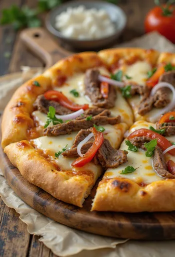 Biftek dilimleri ve biberli Philly cheesesteak pizza