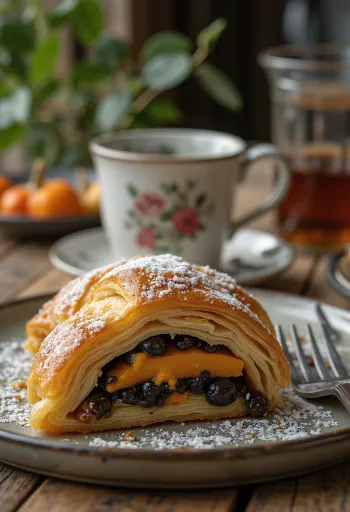 Altın sarısı pişmiş, üzerine pudra şekeri serpilmiş balkabaklı haşhaşlı strudel