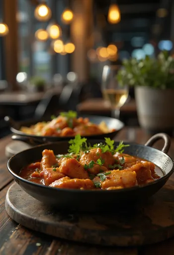 Taze kişnişle servis edilmiş Tandoori baharatlı Adobo tavuk yemeği