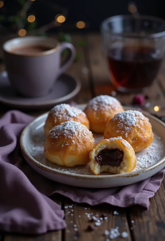Taze pişmiş æbleskiver, çikolata kreması ve pudra şekeri ile servis edilmiş